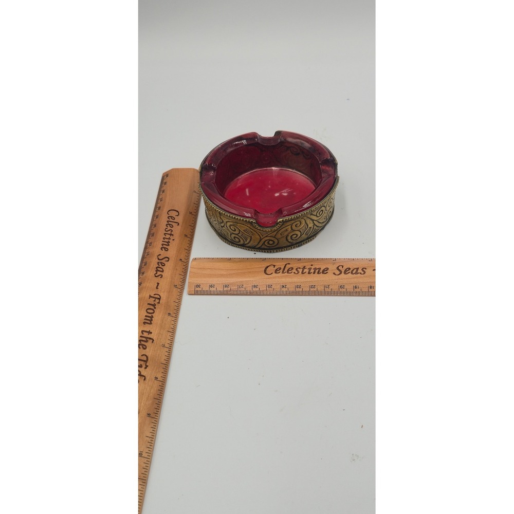 Vtg Mid Century Bohemian Ruby Red Glass Ashtray Gold Ornate Filigree Rim - Picture 8 of 8